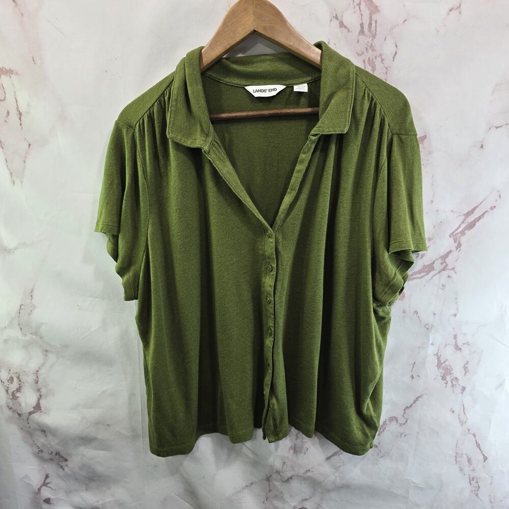 Lands End Shirt Womens 1X Green Linen Modal Button Up Short Sleeve Tee Notch